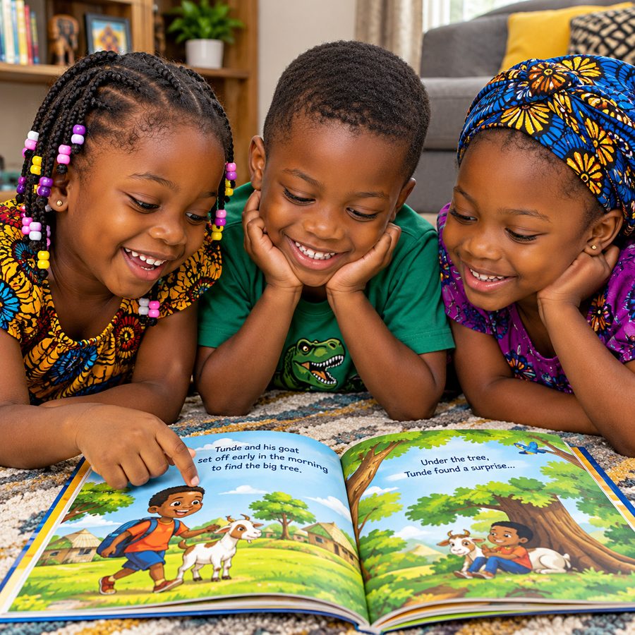 Children focused on reading a colourful storybook