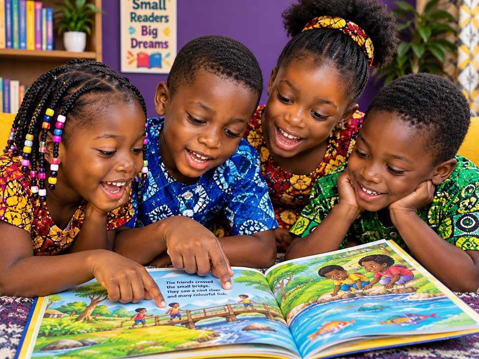 Children reading and pointing at pictures in a book together