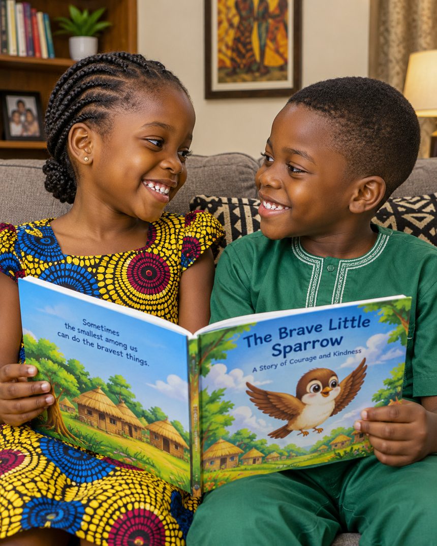 Two children reading and smiling together