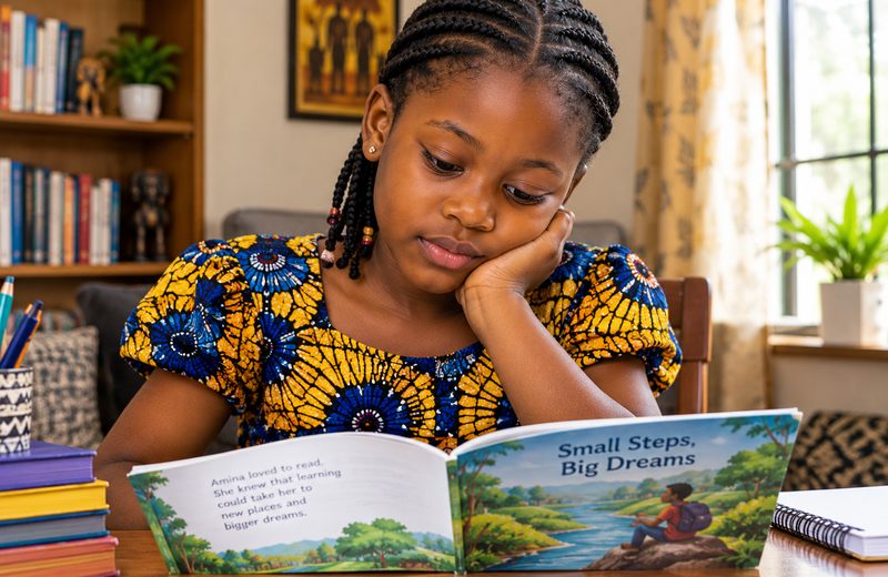 Child thoughtfully reading a book