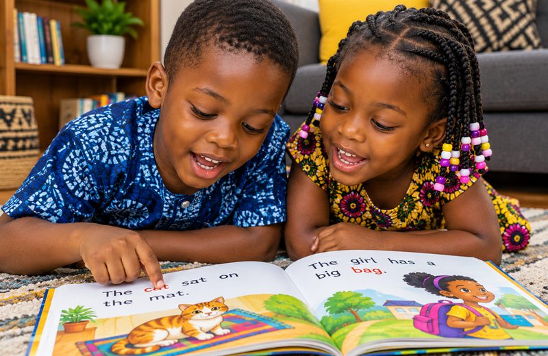Siblings reading a storybook together
