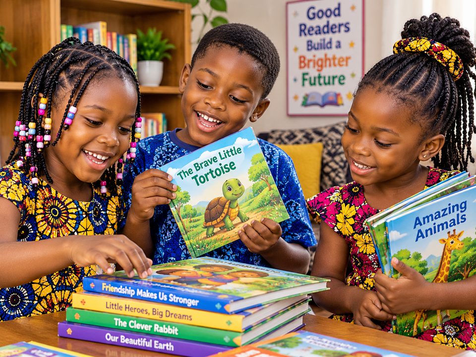 Children choosing and reading hardcover storybooks together